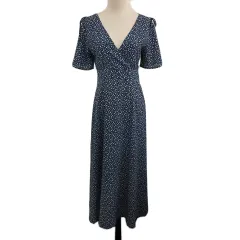 フィフス fifth ワンピース フレア ロング 花柄 総柄 リボン スリット 半袖 M 青 白 ブルー ホワイト