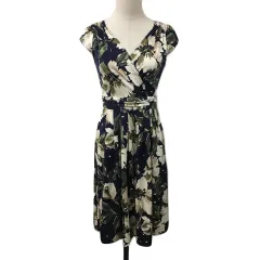 スーナウーナ Sunauna ワンピース フレア ひざ丈 カシュクール風 総柄 フレンチスリーブ 38 紺 ベージュ ネイビー