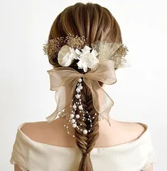 選べるカラー フラワー リボン ヘアアクセサリー ブライダル 結婚式 成人式 卒業式 髪飾り ㉗ オーガンジーリボン