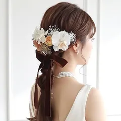 選べるリボン 送料無料　イエロー ゴールド　ヘアアクセサリー ㉘ チュールリボン ベロアリボン 花 髪飾り　ブラウン