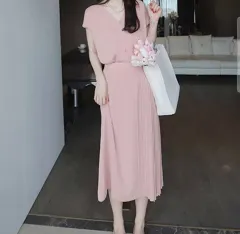 新品 L ピンク プリーツ ロング セットアップ