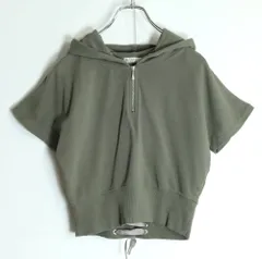 【美品】アクシーズファム★編み上げリボンが可愛い♪ パールファスナー半袖パーカー サイズF カーキグリーン系 z18954