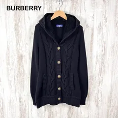 BURBERRY BLUE LABEL バーバリーブルーレーベル ロゴ 金ボタン ボアフーディ ケーブルニット ロングカーディガン ブラック