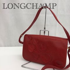 希少・極美品】ロンシャン 3D ポーチ レザー 刺繍 レッド クラッチ