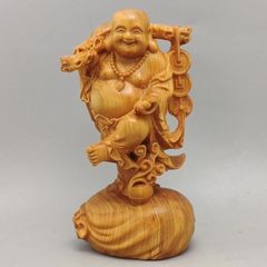 [Brand New] Small Hotei (Laughing Buddha) Figurine, One of the Seven Lucky Gods, Wooden Carving (Height 12cm x Width 7cm x Depth 5cm)