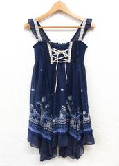 axes femme アリス柄チュニック フレア ミニワンピース Mサイズ ネイビー 紺 ベアトップ ロリータ 重ね着 平成レトロ 森ガール アクシーズファム