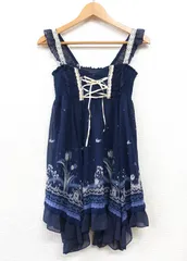 axes femme アリス柄チュニック フレア ミニワンピース Mサイズ ネイビー 紺 ベアトップ ロリータ 重ね着 平成レトロ 森ガール アクシーズファム