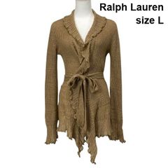 ◇ ラルフローレン Ralph Lauren フリルニットカーディガン 長袖 オープンフロント 透かし編み 麻 綿 カシミア L 11号 レディース S6C588