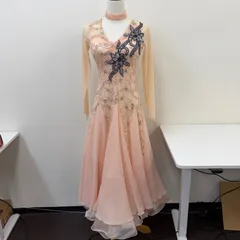 【Leirena】社交ダンス衣装 ワンピース ドレス 薄橙 肌色 花柄 スパンコール フリル オーガンジー