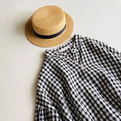 藍柳 麻100% 小領口 蘇格蘭格紋 寬鬆套頭 女襯衫