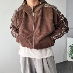 メンズ ベロア テーピング オーバーサイズ フード ジップアップ ジャケット 2 カラー