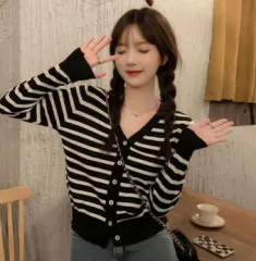 ストライプ Vネック カーディガン 2 (FREE) (3 COLOR)