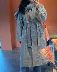 厚い 素材 チェック ロング トレンチ コート