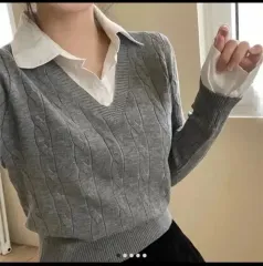 シャツニット一体型ケーブル編みVネック / シャツ レイヤードニット