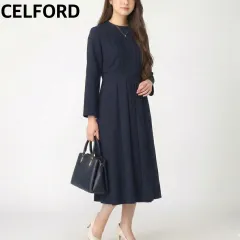 セルフォード CELFORD 上品 バックサテンプリーツワンピース ロング丈 フレア Aライン 紺 ネイビー 38サイズ 通勤 オフィス フォーマル セレモニー
