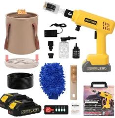 高圧洗浄機 ハンディ高圧洗浄機 バッテリー2個 残量表示 PSE認証済み 収納ケース付き 13L折りたたみ式水桶 5メートル超柔軟ホース 加重フィルター 新型透明泡ノズル 新型多機能5in1透明ノズル  コンパクト設計 洗車用グローブと床掃除ブラシ付き