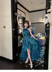 送料無料 パーティードレス ロングドレス ホルターネック バックオープン ネイビーブルー 成人式 結婚式 二次会 披露宴 ゲスト ウエストマーク タイトシルエット 上品 華やか エレガント セクシー おしゃれ