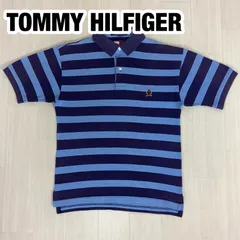 90s OLD TOMMY HILFIGER オールドトミー ボーダー柄 半袖ポロシャツ ラガーシャツ M ネイビー&ブルー 刺繍ロゴ 着丈63.5cm 肩幅47cm 身幅(脇下)45cm 袖丈22cm【古着】