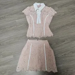 カラ バイカラー レイ ワンピース セット ピンク 半袖 リボン ブローチ セット ミニ ワンピース