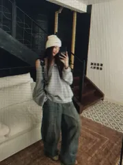 (海外配送)グレー セーター + ワイド ブルー デニム パンツ セット