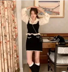 モダンローブ ブラック ツイード セットアップ (ビスチェブラウス + ニットスカート)