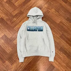 M (100) Champion ブルー タグ ビックロゴ リバースウィーブ ヘビーコットン グレー フーディー Tシャツ