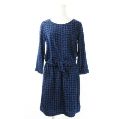 インデックス INDEX ワンピース ひざ丈 七分袖 ブラウジング フロントタイ 地模様 ドット プリント 千鳥格子 M 青 ブルー /CK6