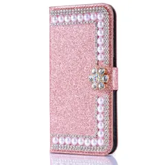 【特価セール】iphone 13 / iphone 14 用 ケース 手帳型 おしゃれ パール お花 ストーン デザイン かわいい きらきら 華やか チャーム デコ 女子 女性向け きれい 優雅 カバー 横開き マグネット カード収納 スマホケース ハンドメイ