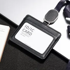 idカードホルダー カードケース 本革 父の日 ギフト 社員証 ケース 薄型 伸縮リール付き 両面 透明窓 パスケース ネックストラップ プレゼント IDホルダー