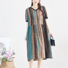 コットン100% ワンピース エスニック柄 ロング Vネック レディース 大きいサイズ L LL 綿100％ ストライプ 総柄 プリント ギャザー ゆったり