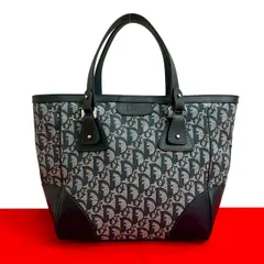 極 美品 Christian Dior ディオール トロッター 柄 CD ロゴ 金具 キャンバス レザー 本革 ハンドバッグ ミニ トートバッグ ネイビー 34728