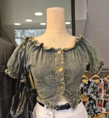 ジェイジェイ デニム パフ クロップド ブラウス