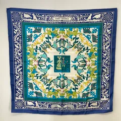 HERMES（エルメス）　EARLY AMERICA　古き良きアメリカ　カレ90　シルク　スカーフ　ブルー×グリーン