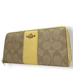 コーチ COACH 長財布 アコーディオンジップ ラウンドファスナー シグネチャー ストライプ PVC レザー 本革 ベージュ イエロー バイカラー F52859 馬車ロゴ 大容量 多機能 レディース メンズ ユニセックス ウォレット プレゼント M3