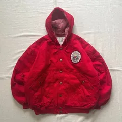 80～90s　vintage　ヴィンテージ古着　フード付　肉厚　パーカー型　スナップボタン　短丈　中綿フライトジャケット　ボンバージャケット　♡×☆ロゴワッペン　ギンガムチェック柄裏地　レッド　M　parka silhouette flight jacket