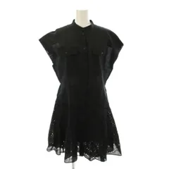 ザラ ZARA ワンピース M 黒 半袖 バンドカラー 透かし模様 膝丈 /JP