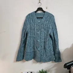 ケーブル編み ニット カーディガン スカイブルー