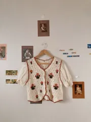 オレンジ 花 クロシェ 半袖 ニットカーディガン