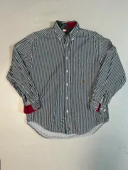 Tommy Hilfiger トミーヒルフィガー ヴィンテージ 刺繍 ロゴ POINT カラー ストライプ シャツ ネイビー m