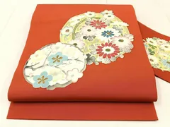 平和屋着物◎塩瀬　九寸名古屋帯　手描き　花丸文　金銀彩　正絹　逸品　BAAW9220hj