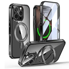 ケース iPhone 16 Pro Max 用 両面保護 MagSafe対応 スマホリング一体型 回転スタンド 自動ポップアップロック付き