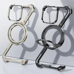 ケース iPhone 16 Pro Max iPhone 15 Pro Max フレームレス バンパー メタル Magsafe スタンド付き 360°回転可能