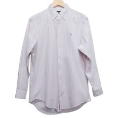 Ralph Lauren ストライプシャツ ピンク 白 ラルフローレン ボタンダウン 長袖 ワンポイント刺繍 コットン メンズL相当