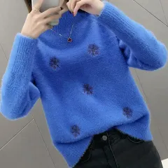 쎄샵 5672 柔らかいニットモックネックTシャツ ブルー FREE4455-2枚