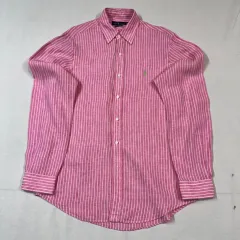 M) ポロ ラルフローレン クラシック ストライプ リネン シャツ ピンク 白