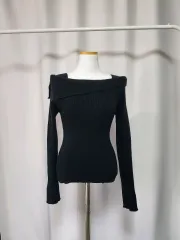 柔らかい オフショルダー ゴージ ニット ストレッチ ブラック 長袖 Tシャツ セクシー デイリー デート