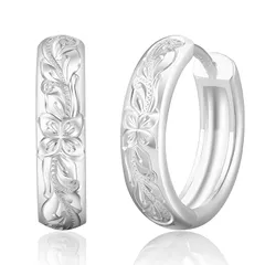 KRKC&CO フープピアス ハワイアンジュエリー メンズピアス 15mm プルメリア 彫り リングぴあす 両耳 金属アレルギー対応 14金メッキ 18G シルバーピアス 男性 シンプル おしゃれ (プルメリア-シルバー) 0