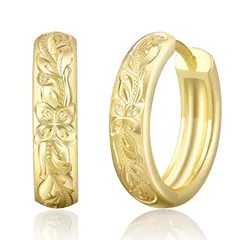 KRKC&CO フープピアス ハワイアンジュエリー メンズピアス 15mm プルメリア 彫り リングぴあす 両耳 金属アレルギー対応 14金メッキ 18G シルバーピアス 男性 シンプル おしゃれ (プルメリア-ゴールド) 0