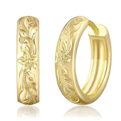 KRKC&CO フープピアス ハワイアンジュエリー メンズピアス 15mm プルメリア 彫り リングぴあす 両耳 金属アレルギー対応 14金メッキ 18G シルバーピアス 男女兼用 シンプル おしゃれ (プルメリア-花弁5枚-ゴールド) 0