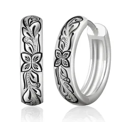 KRKC&CO フープピアス ハワイアンジュエリー メンズピアス 15mm プルメリア 彫り リングぴあす 両耳 金属アレルギー対応 14金メッキ 18G シルバーピアス 男女兼用 シンプル おしゃれ (ブラック-プルメリア-花弁4枚） 1